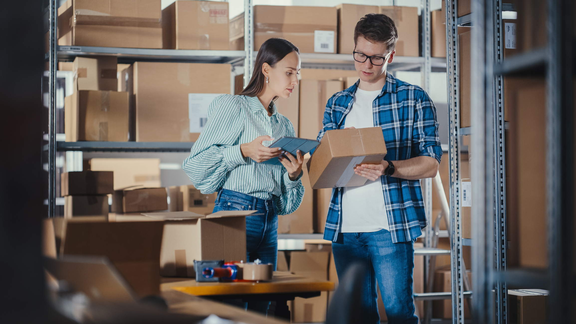 A man and woman look at the label on a box in a storage room. The woman uses procure-to-pay technology on a tablet.